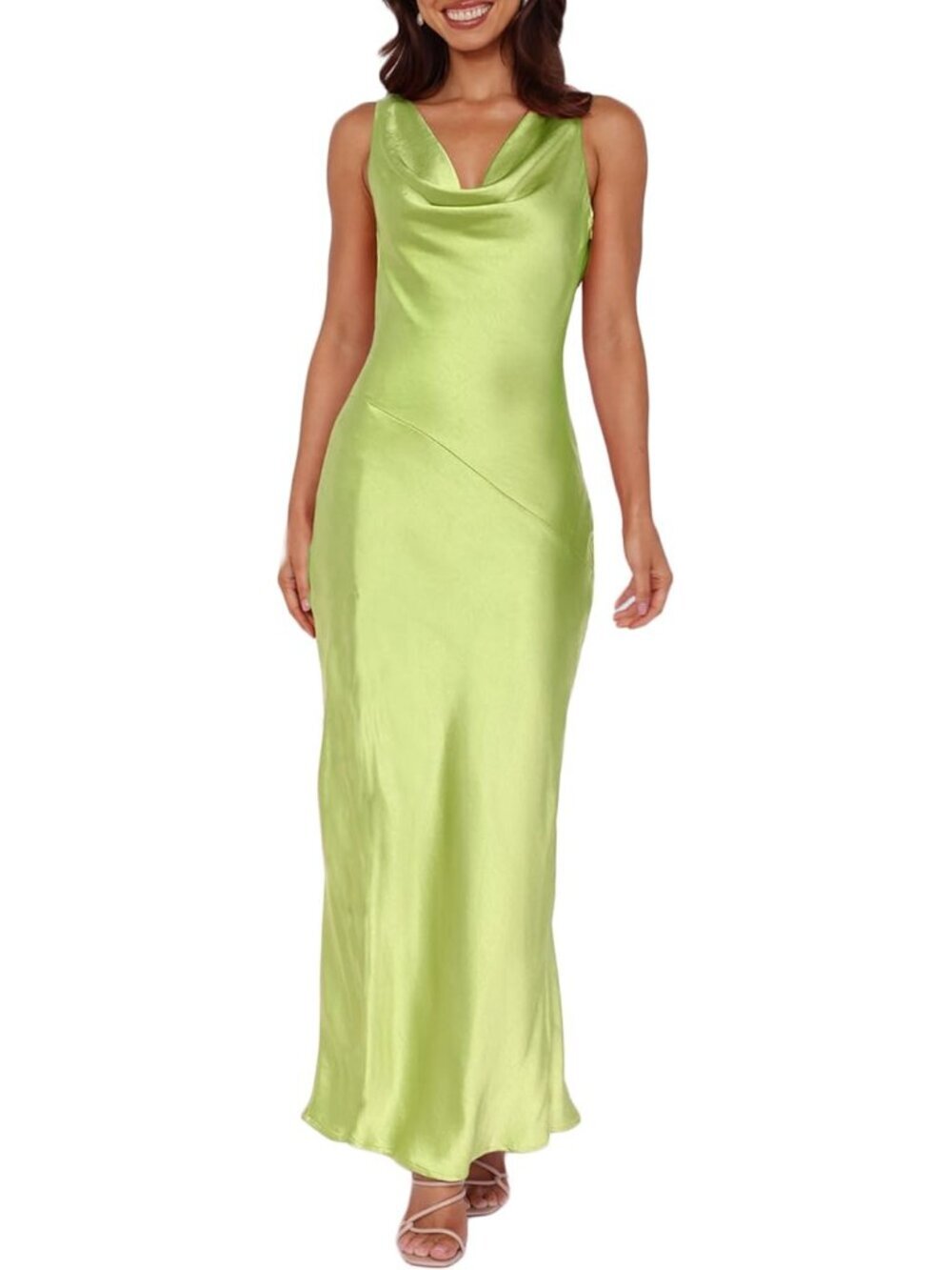 Women's Green Summer Satin Backless Cowl Neck Elegant Polyester Maxi Dress